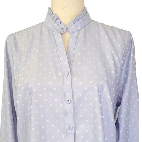 Chico's Blue Dot Ruffle Detail No Iron Long Sleeve Button Down Shirt Size 8/10 - Picture 5 of 8